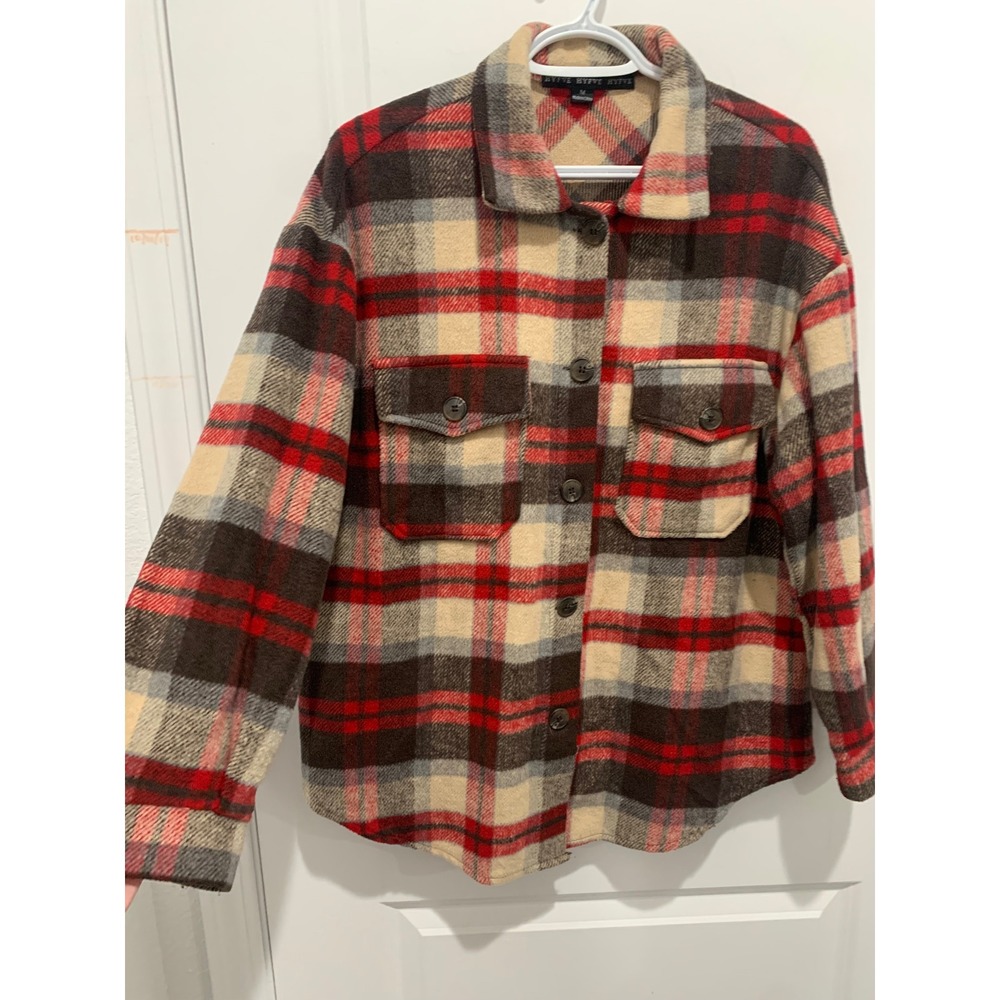 Hyfve Plaid Button Down Shacket Red Brown Cream Flannel Shirt Jacket Medium